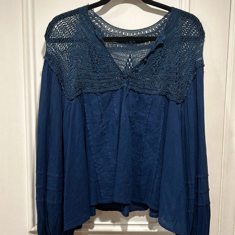 Free People Navy Crochet Blouse